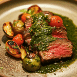 Sous Vide Flank Steak: Tender, Juicy & Foolproof Every Time 7 Plated sous vide flank steak with garnish card
