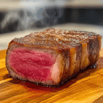 sous vide ribeye steak sliced on board