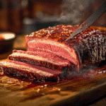 Salt beef sous vide sliced on wooden board