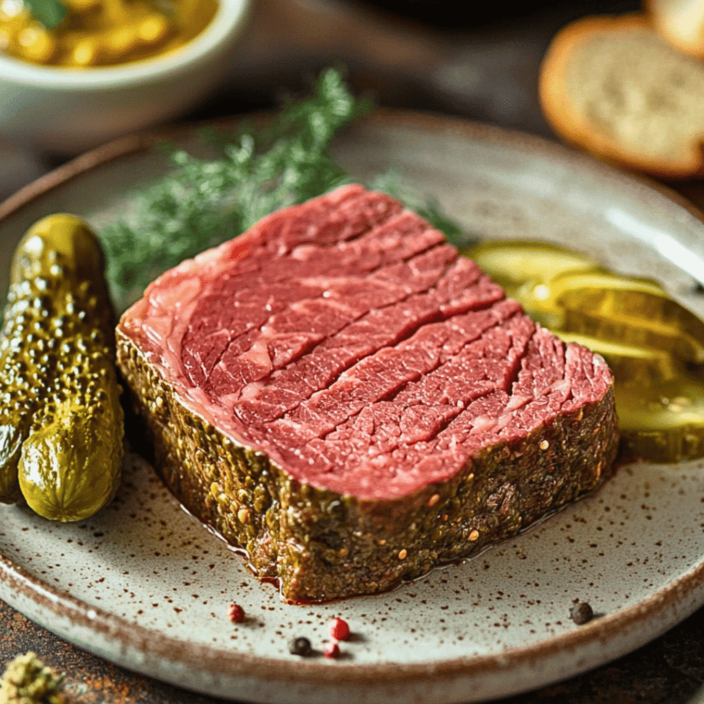 Salt Beef Sous Vide: Juicy, Tender Brisket Made Easy 6 Plated salt beef sous vide with rye and mustard