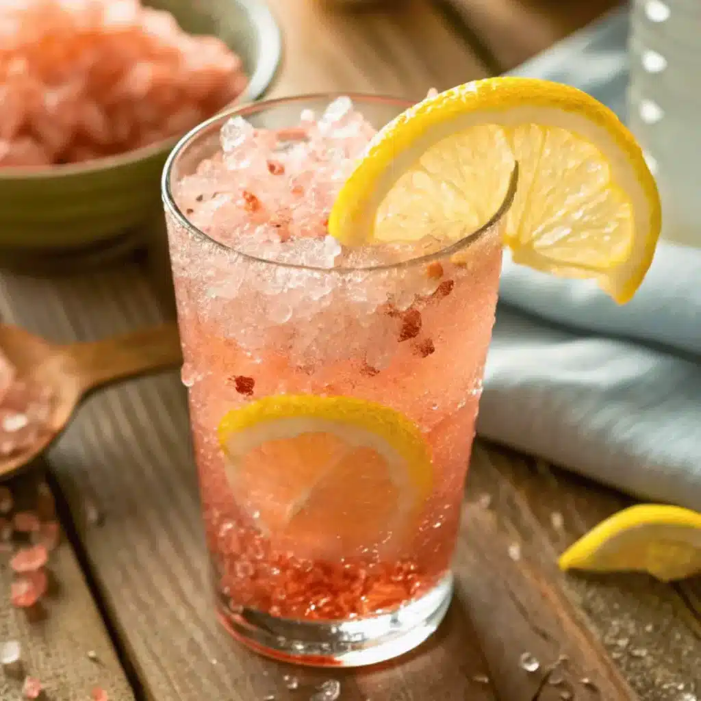 Himalayan Pink Salt Trick Recipe for Weight Loss That Works 9 Refreshing Himalayan pink salt drink with lemon slices and ice on a rustic table