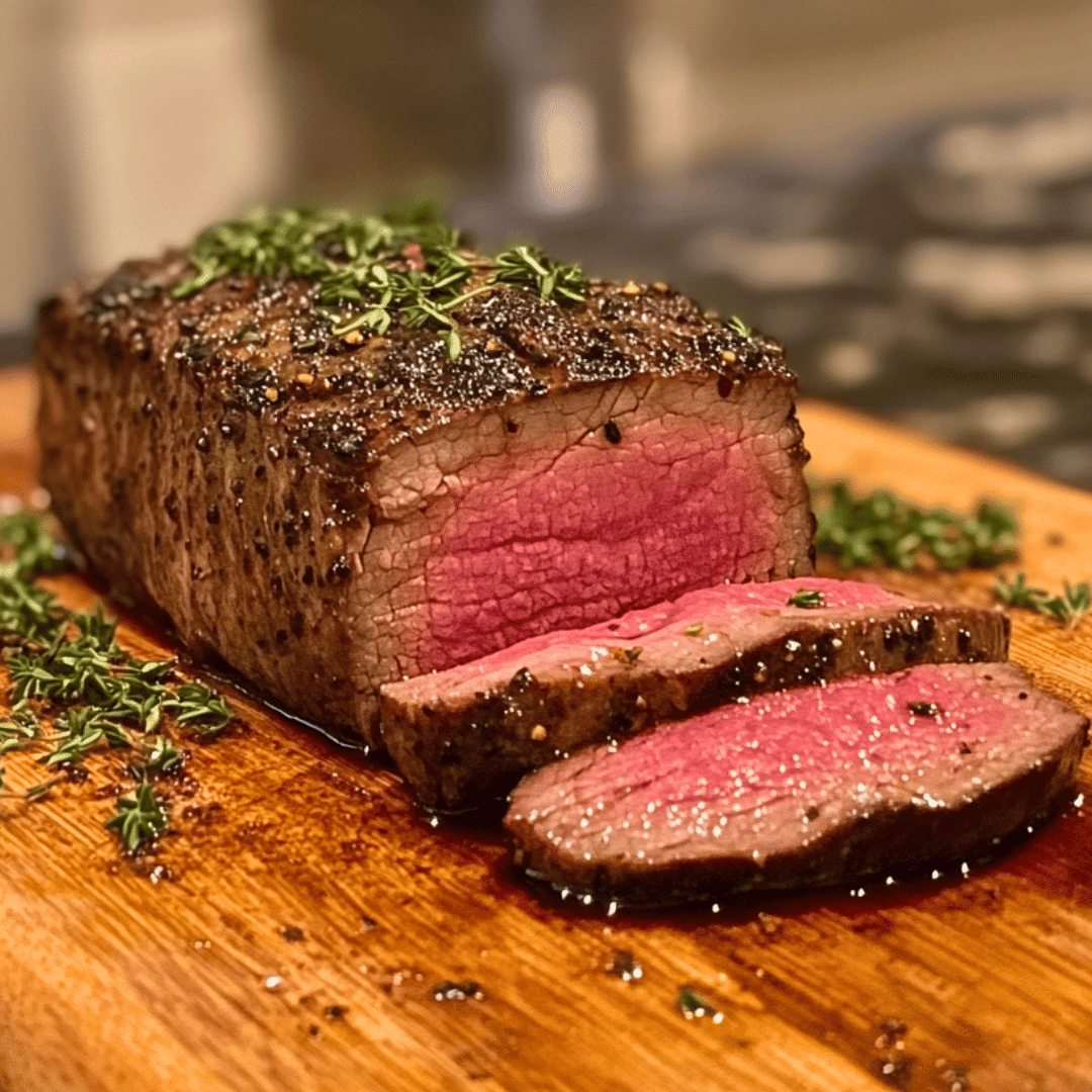 Sliced sous vide tri tip on cutting board