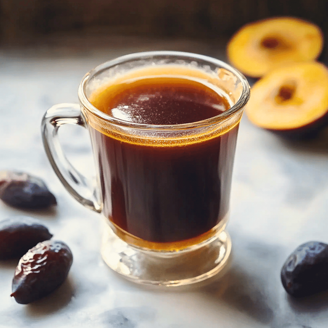 Warm prune juice and butter in a rustic kitchen