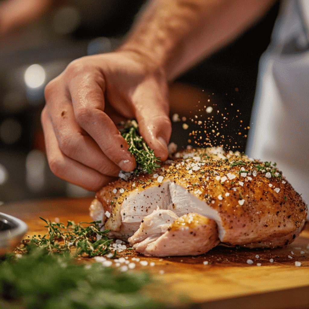 Sous Vide Turkey Breast Recipe: The Perfectly Juicy & Tender Meal Every Time 9 Seasoning sous vide turkey breast with salt, pepper, and fresh herbs