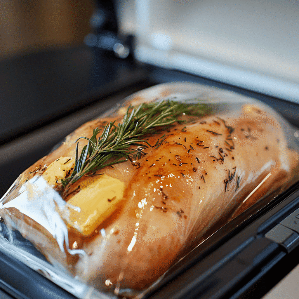 Sous Vide Turkey Breast Recipe: The Perfectly Juicy & Tender Meal Every Time 10 Vacuum sealing turkey breast with fresh rosemary and butter for sous vide cooking