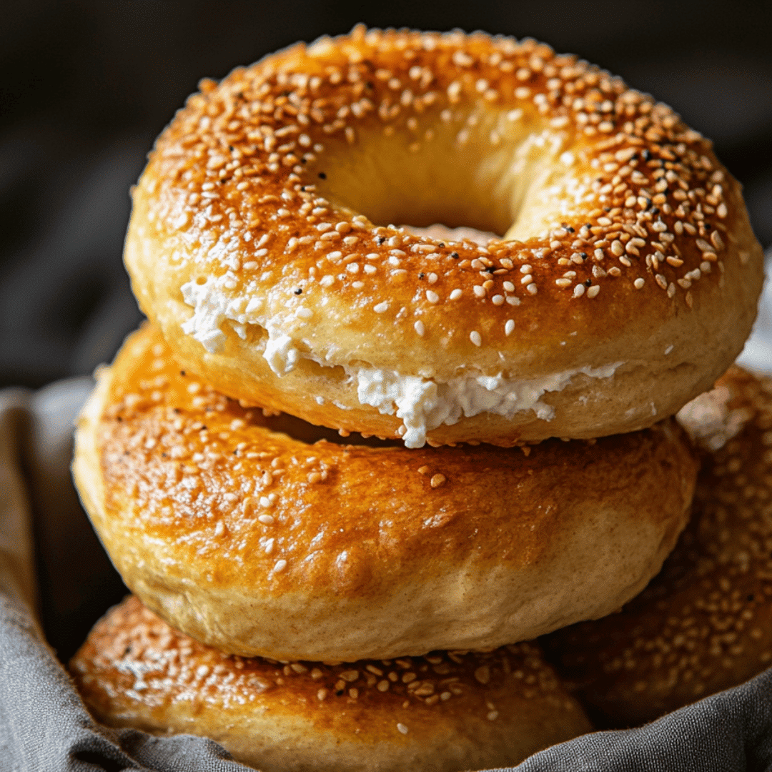 High protein cottage cheese bagels fresh from the oven on a wooden board