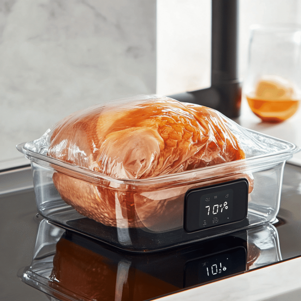 Sous Vide Turkey Breast Recipe: The Perfectly Juicy & Tender Meal Every Time 11 Sous vide immersion circulator cooking turkey breast at 140°F