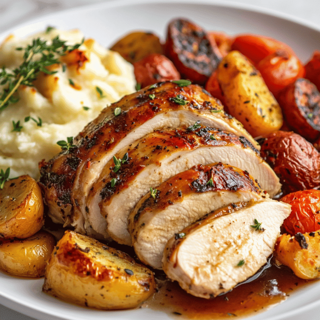 Sous Vide Turkey Breast Recipe: The Perfectly Juicy & Tender Meal Every Time 12 Plated sous vide turkey breast with roasted vegetables and mashed potatoes