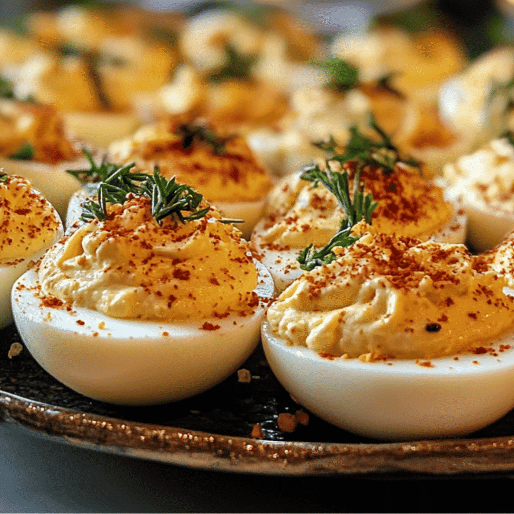 Sous Vide Deviled Eggs: Foolproof, Flavorful, and Easy to Make 8 Served sous vide deviled eggs on platter