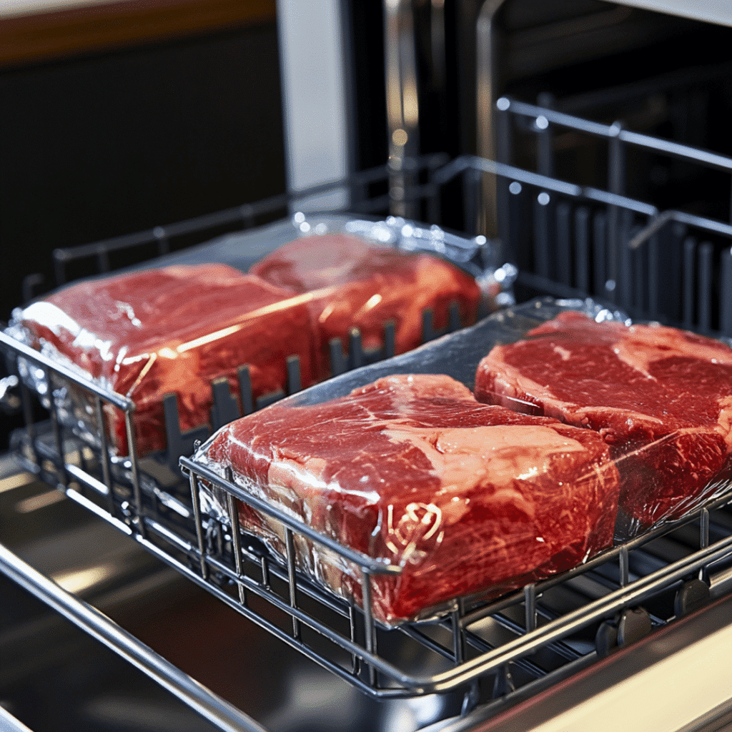 Dishwasher Sous Vide Steak: Perfectly Tender in Your Kitchen Appliance 7 Placing steak in dishwasher for sous vide