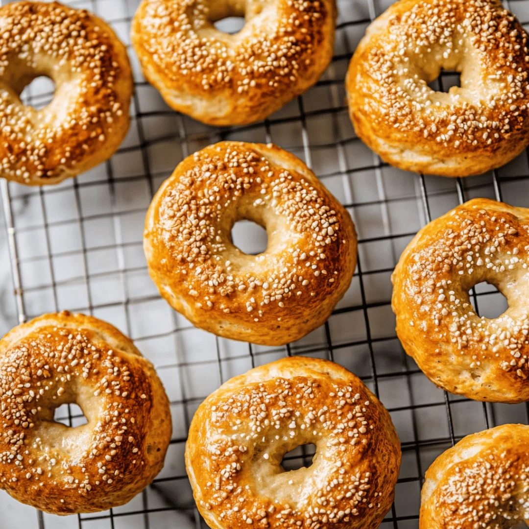 Freshly baked cottage cheese bagels on rack
