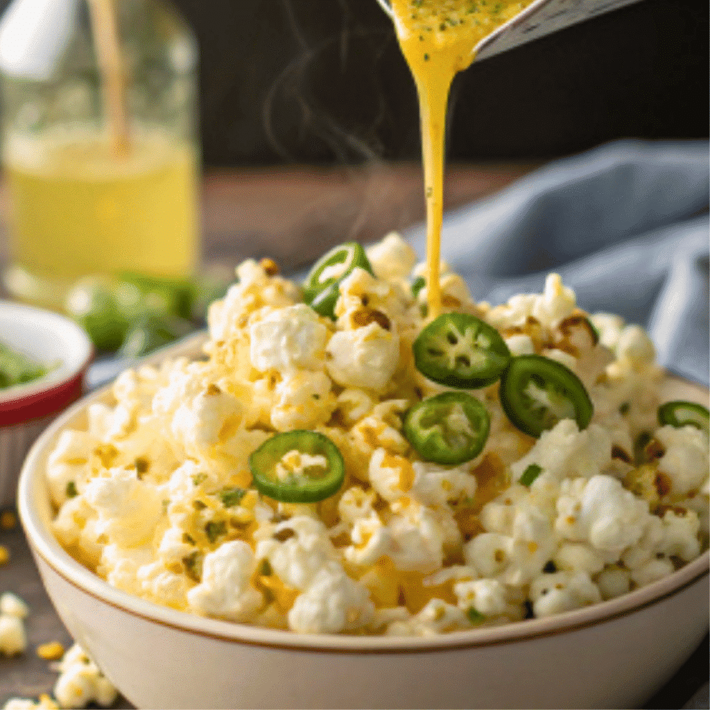 Jalapeño Popcorn Recipe That Brings the Heat and Big Flavor 5 Pouring Jalapeño Butter on Popcorn