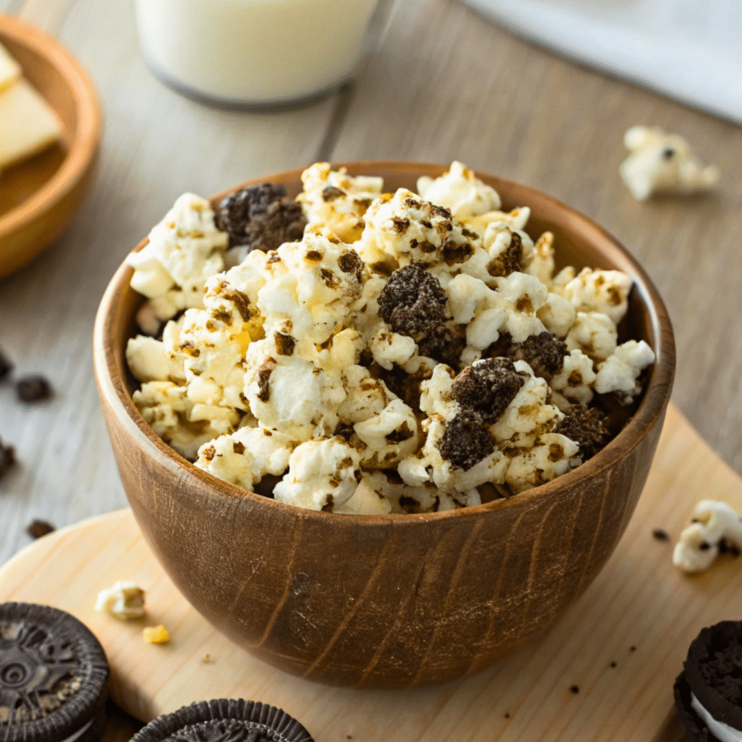 cookies and cream popcorn recipe in rustic bowl