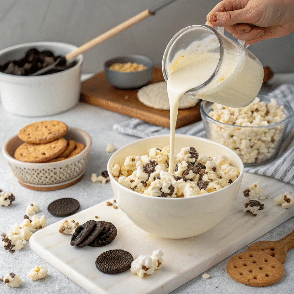 Cookies and Cream Popcorn Recipe That’s Easy, Sweet, and Addictive 5 making cookies and cream popcorn step process