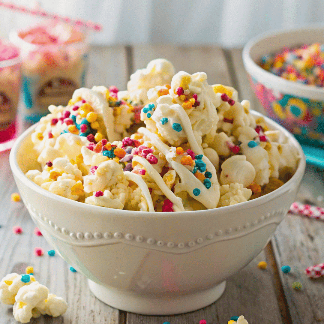 birthday cake popcorn recipe with colorful sprinkles