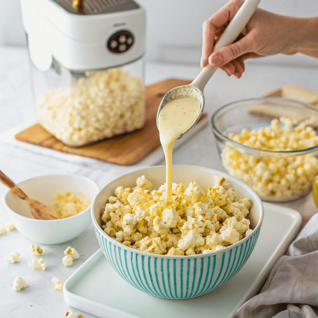 Birthday Cake Popcorn Recipe: A Colorful Crunchy Celebration 5 making birthday cake popcorn with drizzle