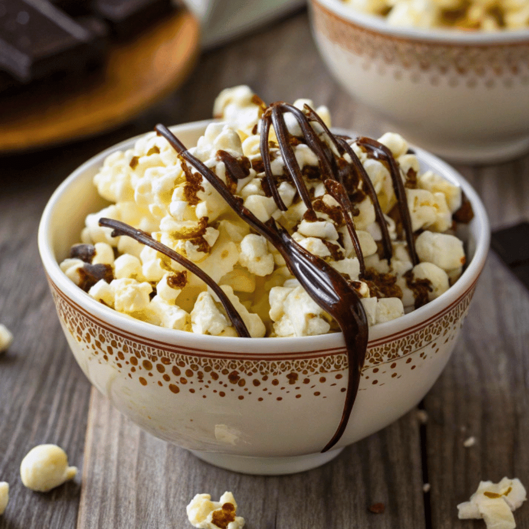 chocolate drizzled popcorn recipe in serving bowl