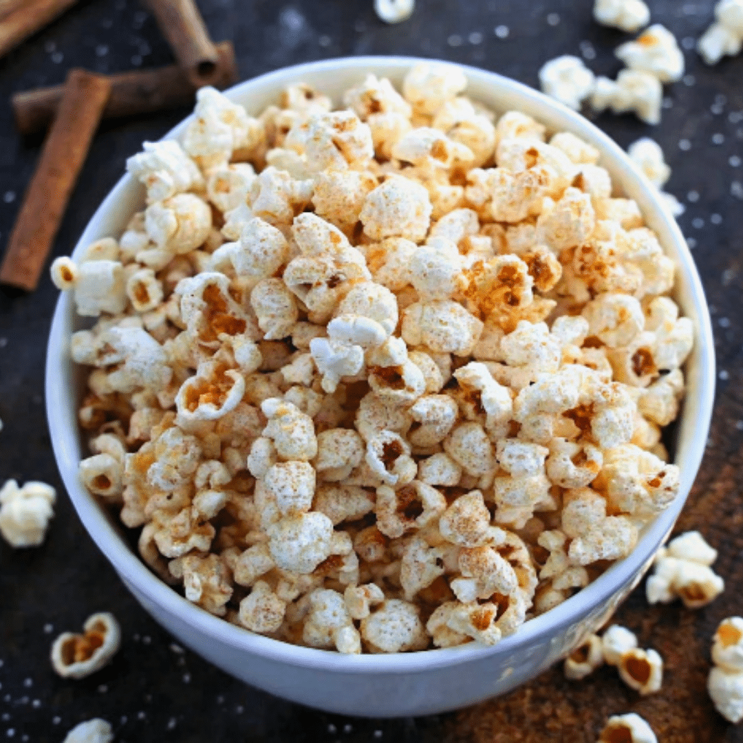 Cinnamon Sugar Popcorn in a rustic bowl