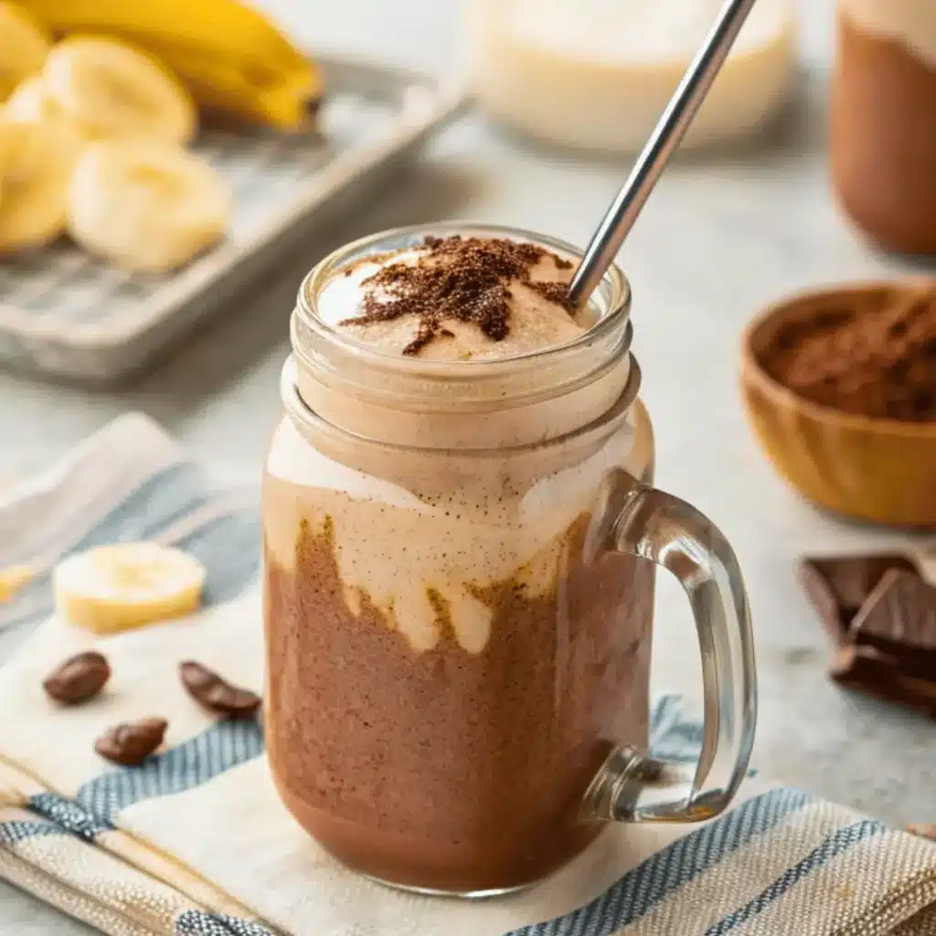 Chocolate Peanut Butter Banana Smoothie: Creamy, Healthy, High Protein 4 smoothie served in mason jar with straw