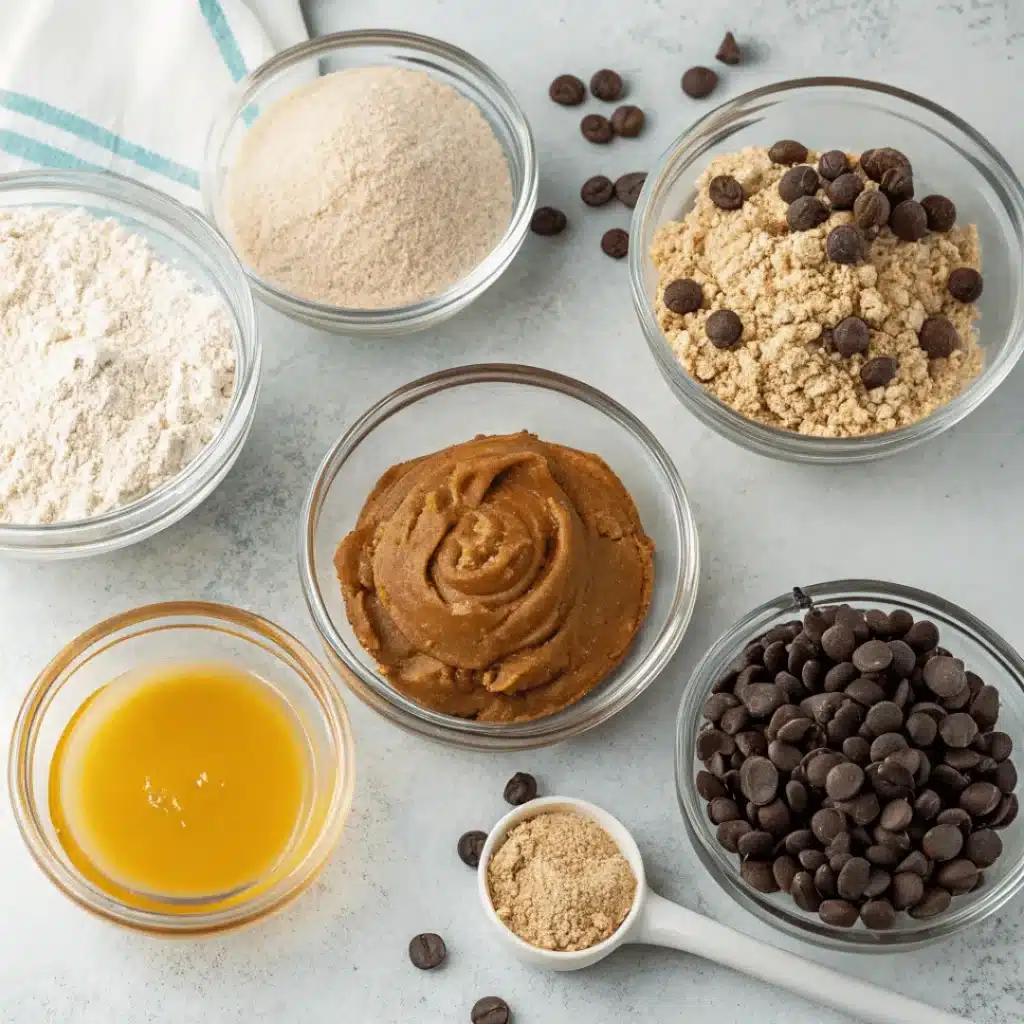 Cookie Dough Protein Bites That Taste Like Dessert | Easy No-Bake Snack 5 Ingredients for cookie dough protein bites on kitchen counter