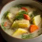 Creamy dill potato soup in a cozy farmhouse setting