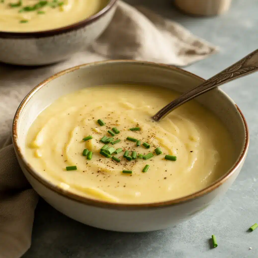 Cream of Potato & Leek Soup in rustic bowl