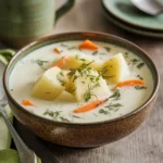 Irish Potato Soup in a rustic bowl with chives and bacon
