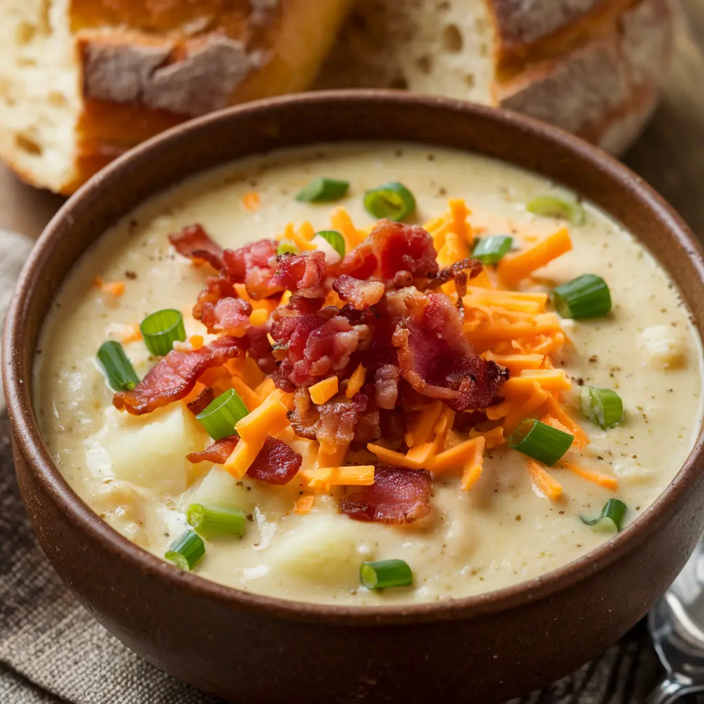 Loaded baked potato soup with cheese, bacon, and green onions