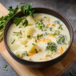 Cheesy broccoli potato soup in rustic kitchen setting
