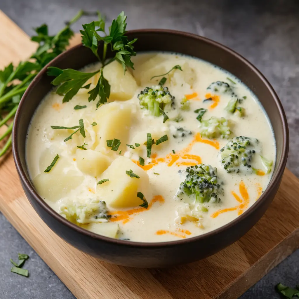 Cheesy broccoli potato soup in rustic kitchen setting