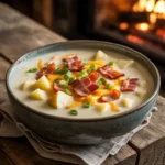 Bacon Cheddar Potato Chowder served in a cozy rustic bowl