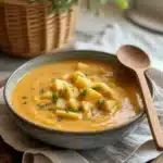 Vegan creamy potato soup in a rustic bowl