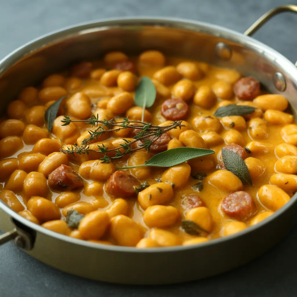 Creamy Butternut Squash Gnocchi with Sausage in rustic bowl
