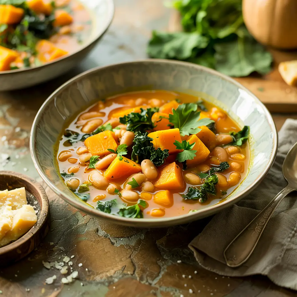 Hearty Butternut Squash White Bean Soup in rustic bowl