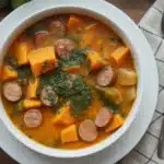 Creamy sweet potato soup with Yukon Gold potato topping