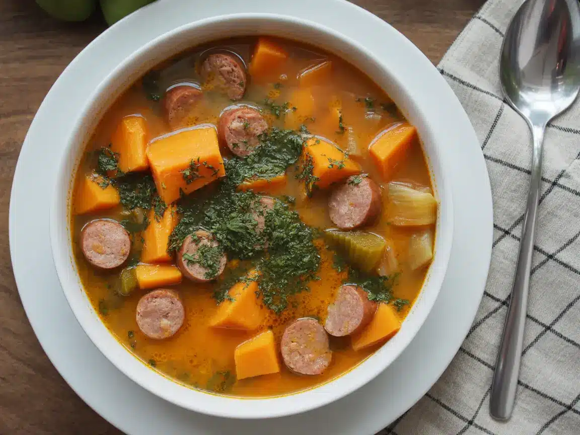 Creamy sweet potato soup with Yukon Gold potato topping