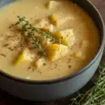 Cheddar Garlic Herb Potato Soup in rustic bowl