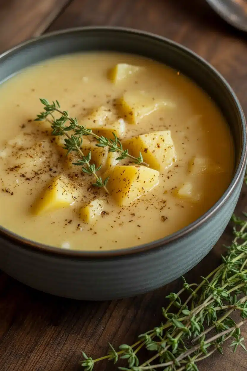 Cheddar Garlic Herb Potato Soup in rustic bowl