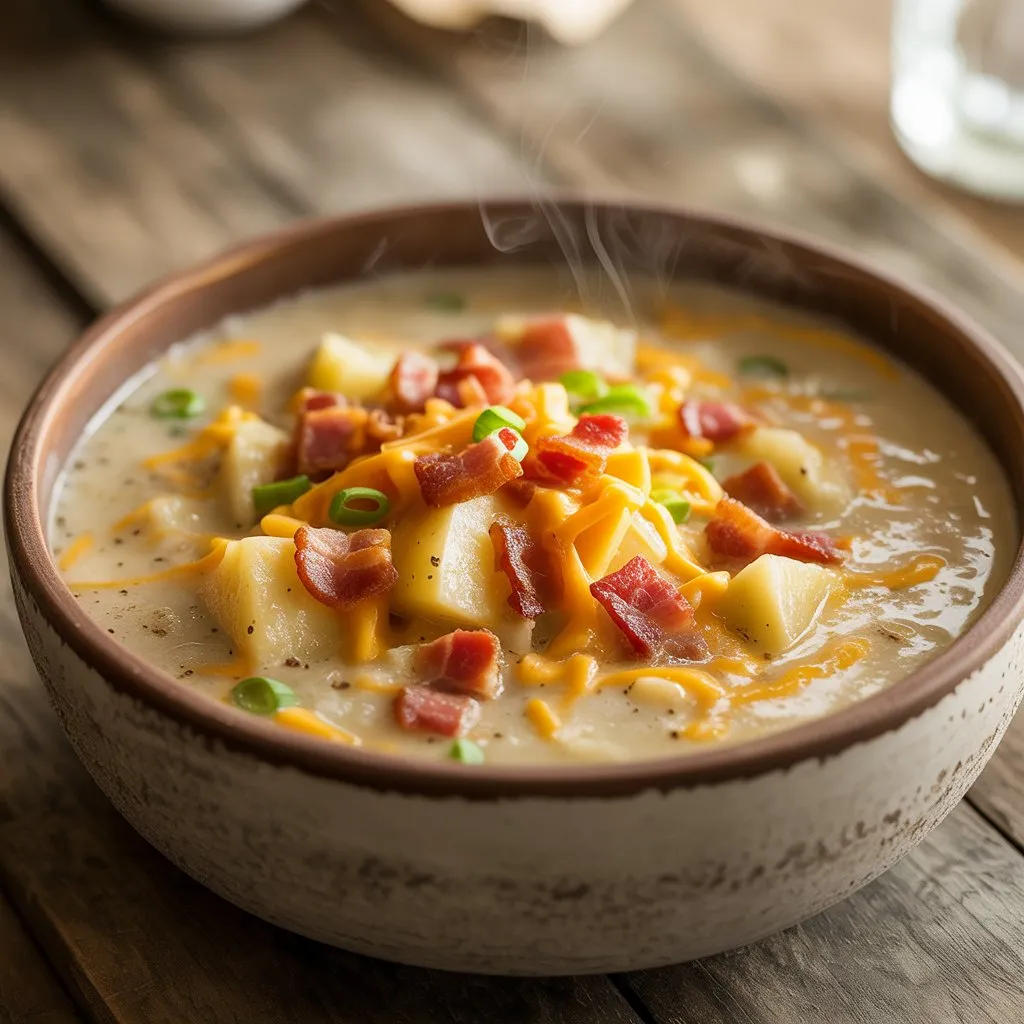 Creamy potato celery soup in rustic bowl