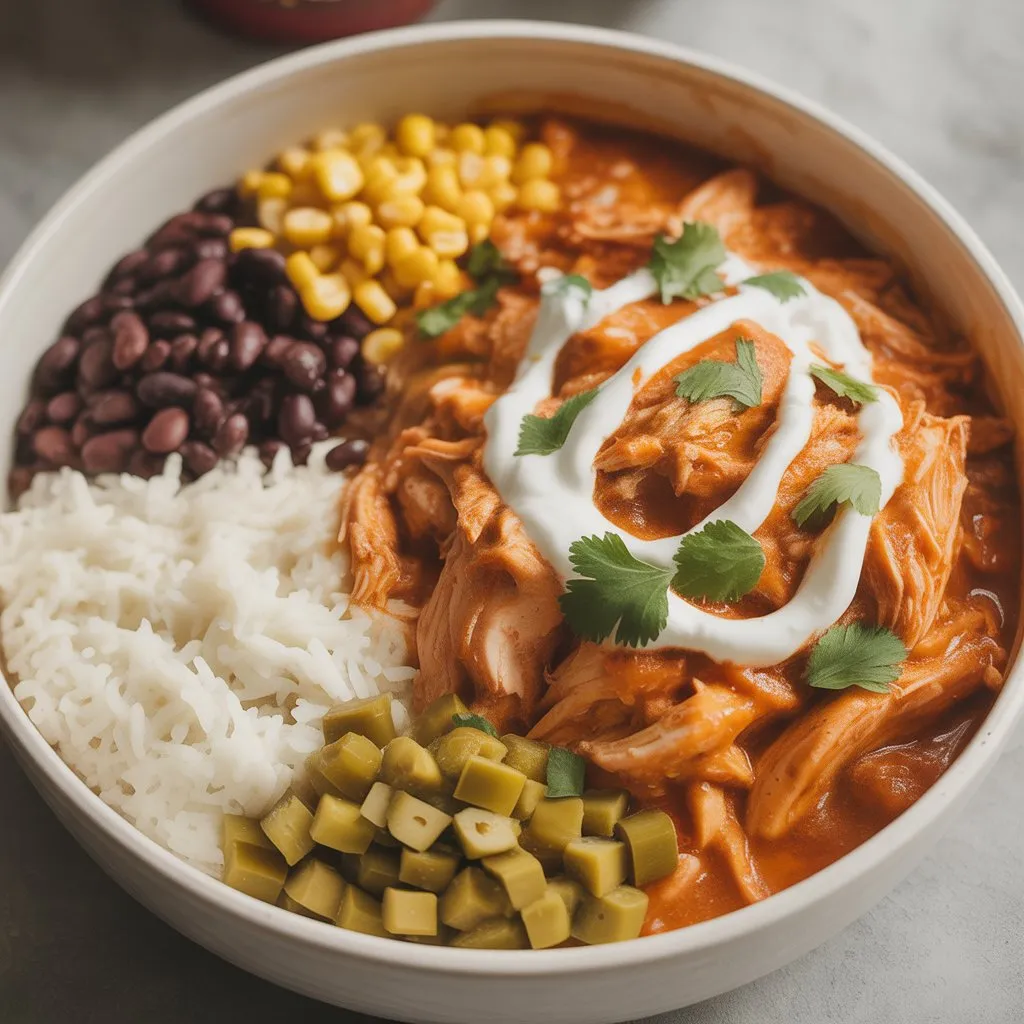 Slow Cooker Chicken Burrito Bowls served with toppings.