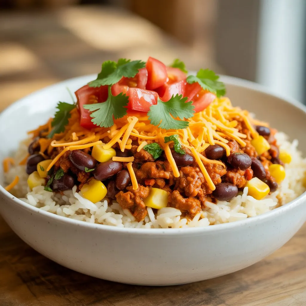 Crockpot ground beef burrito bowls with rice and beans