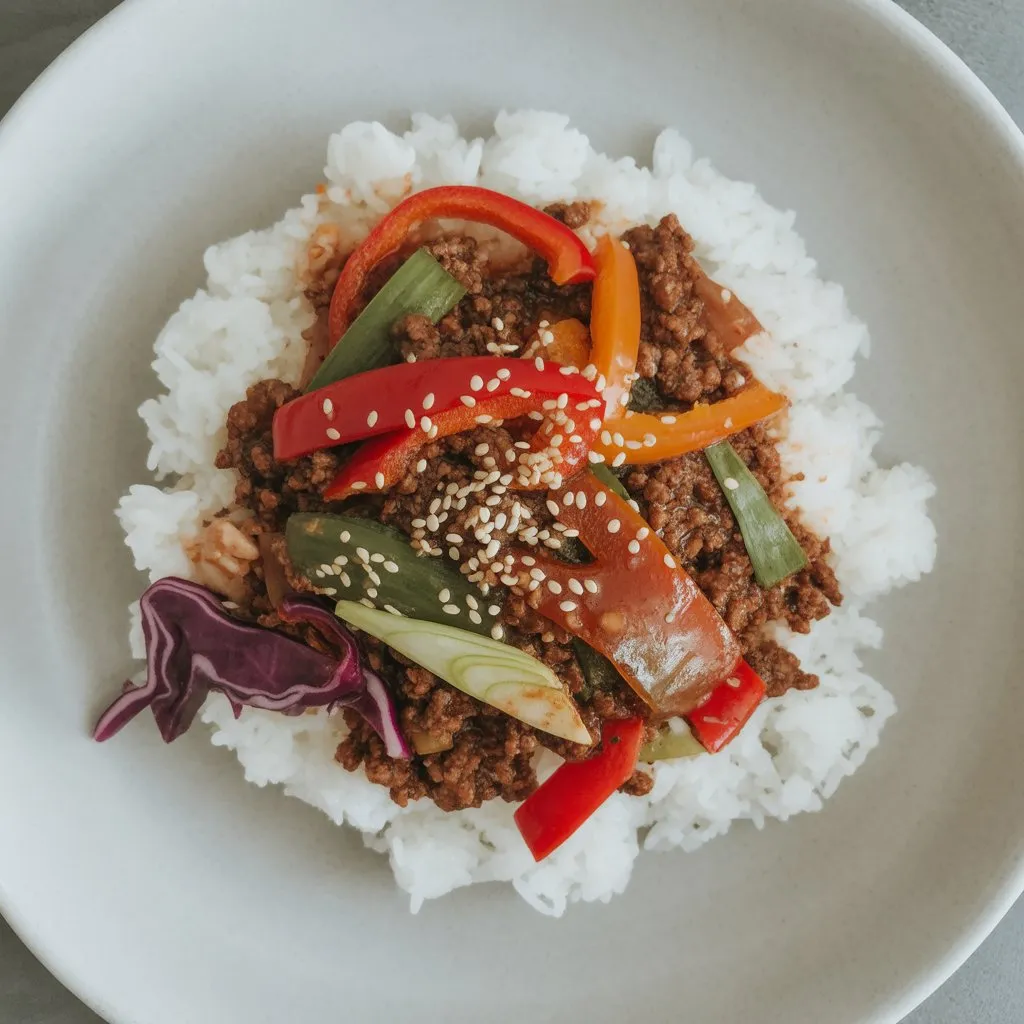 Slow cooker teriyaki beef bowl with rice and vegetables