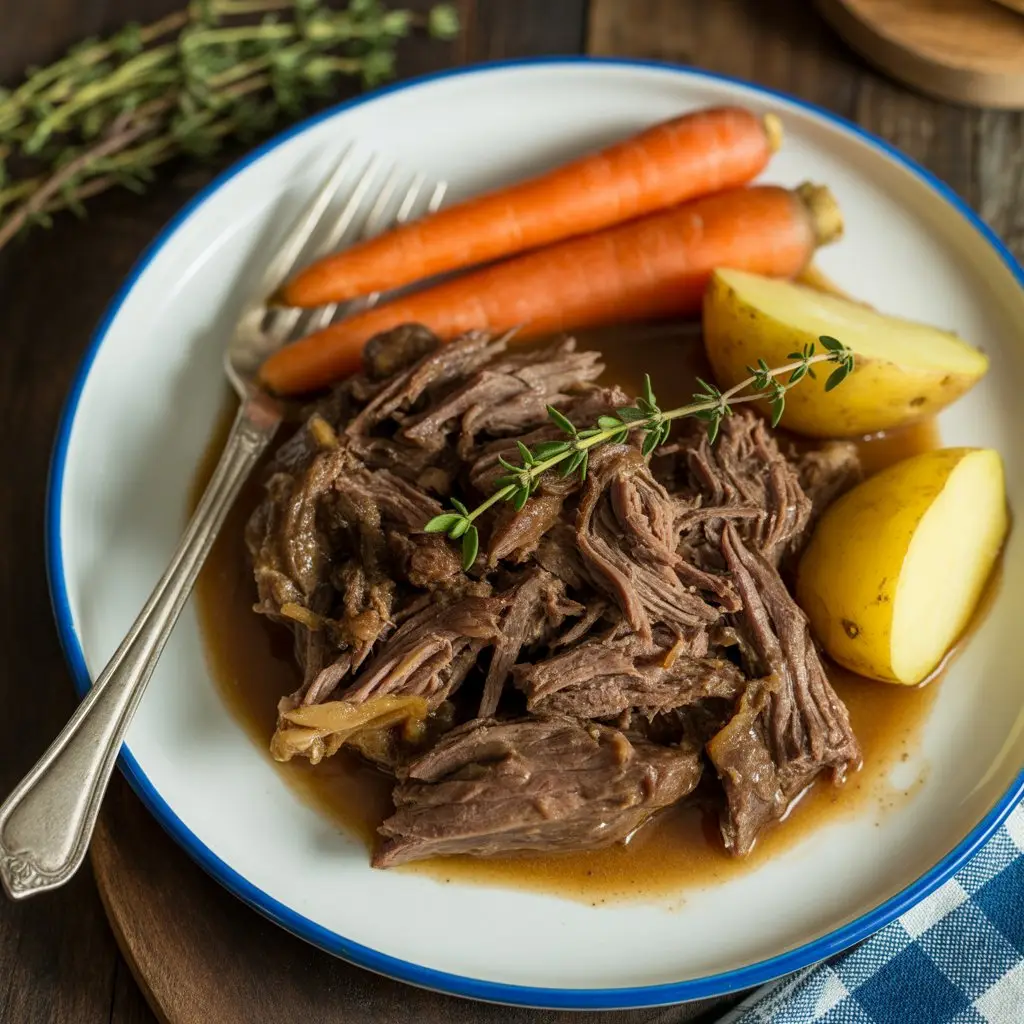 Crockpot pot roast with potatoes and carrots on rustic table