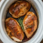 creamy ranch chicken crockpot casserole in rustic kitchen