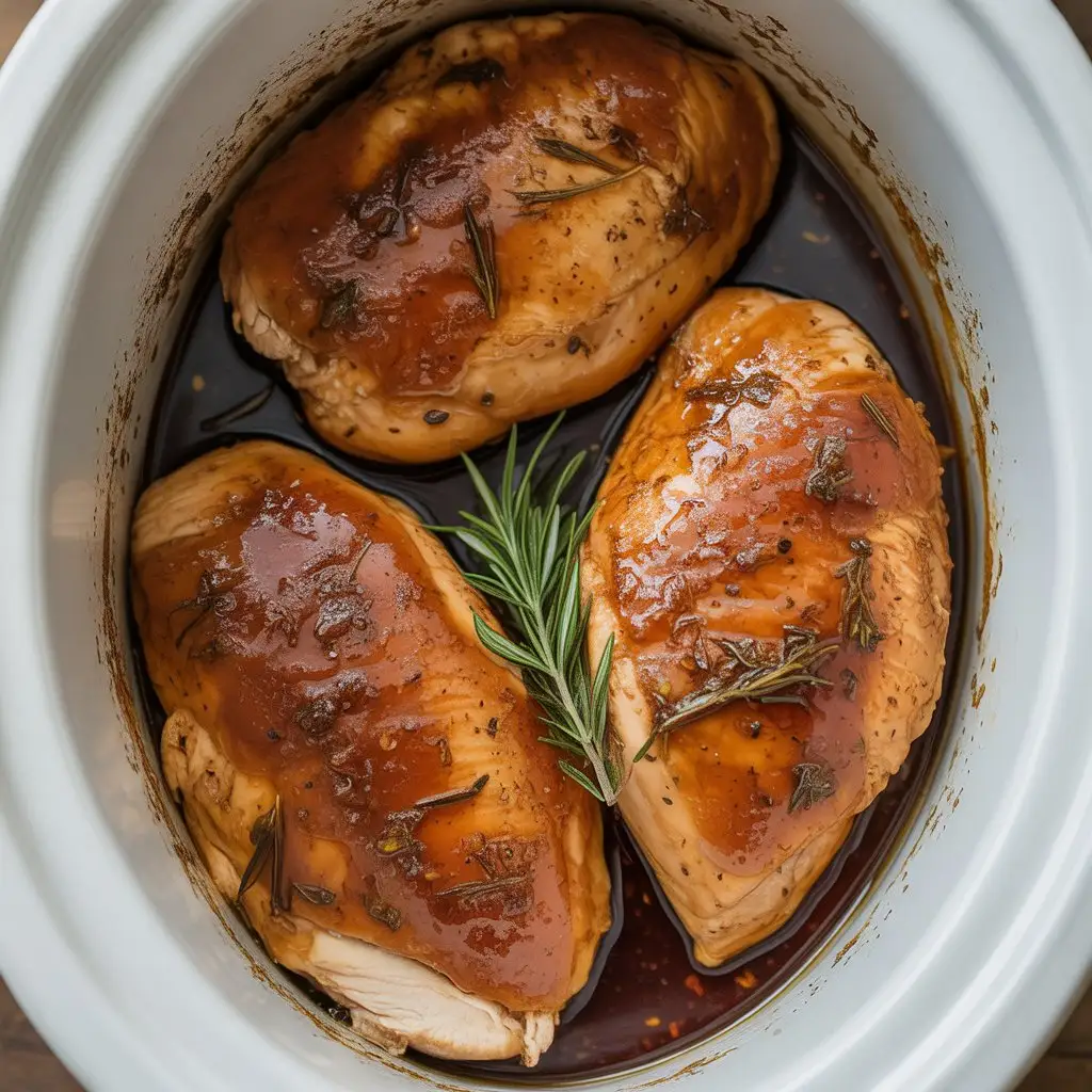 creamy ranch chicken crockpot casserole in rustic kitchen