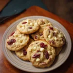 White chocolate cranberry cookies on wooden tray