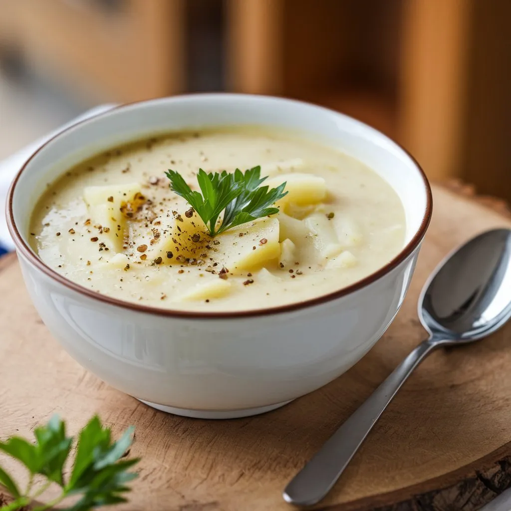 Cozy cauliflower potato soup in rustic bowl