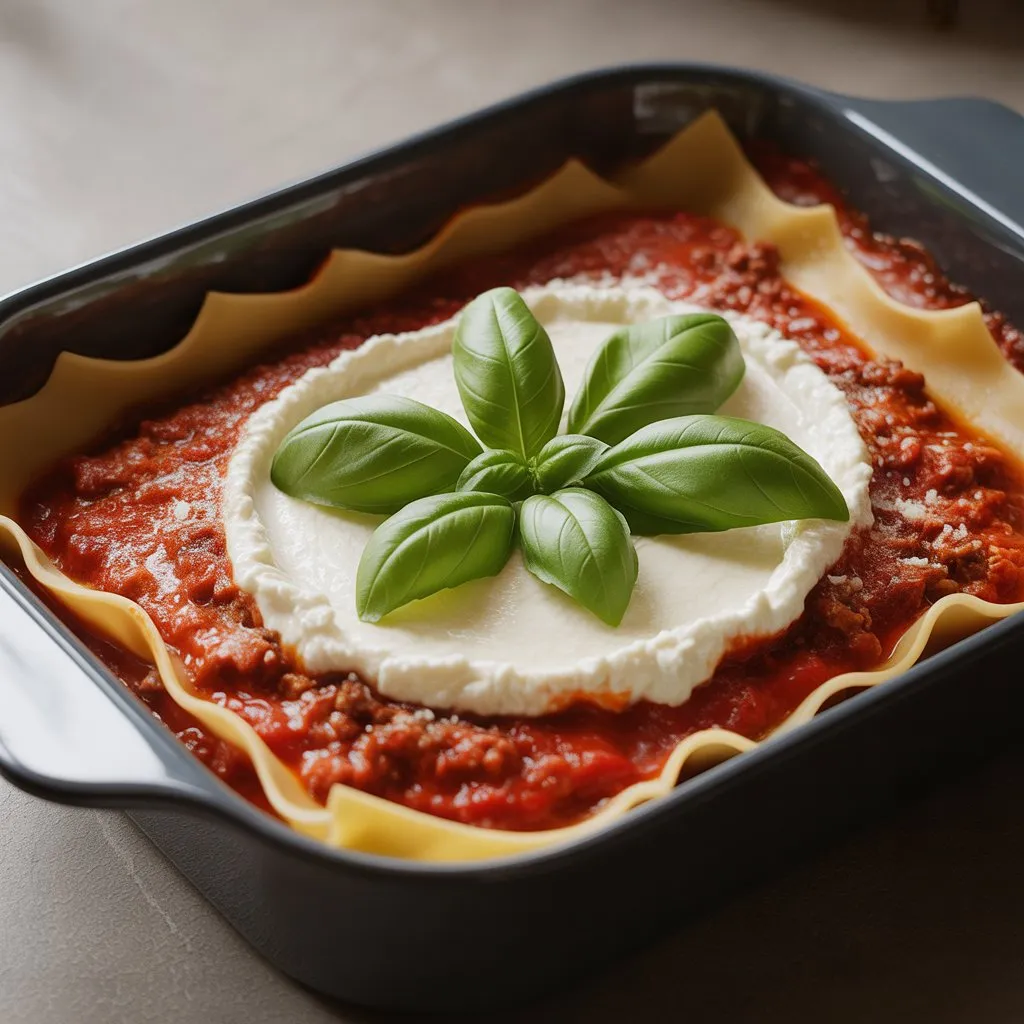 Crockpot lasagna soup with melted cheese and basil
