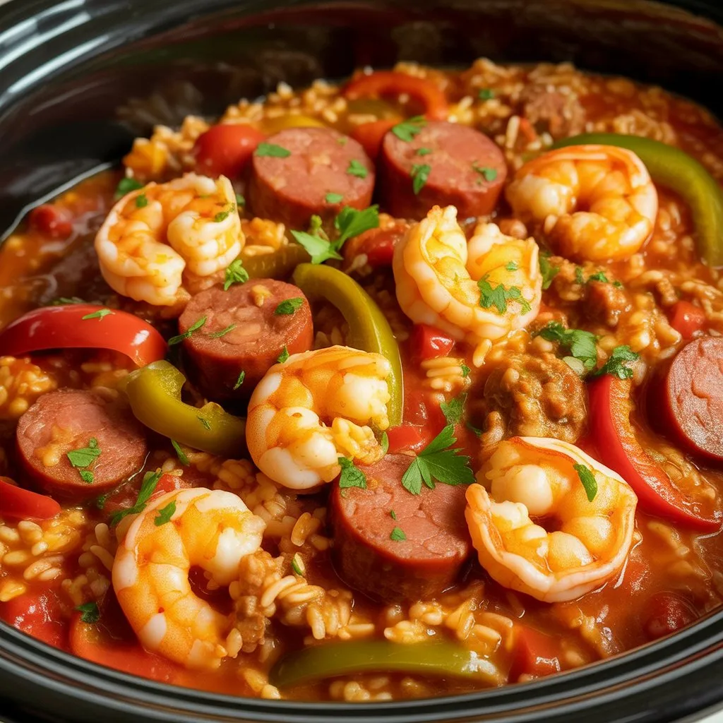 Slow Cooker Cajun Shrimp and Sausage Slow Cooker Cajun Shrimp and Sausage simmering in a pot