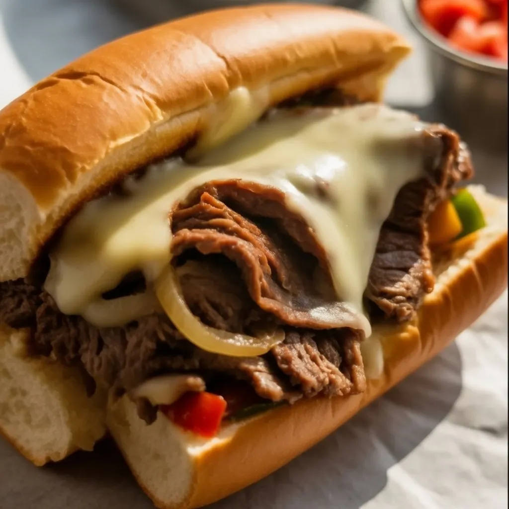 Slow Cooker Philly Cheesesteak Sandwiches Finished Slow Cooker Philly Cheesesteak Sandwiches on a wooden board
